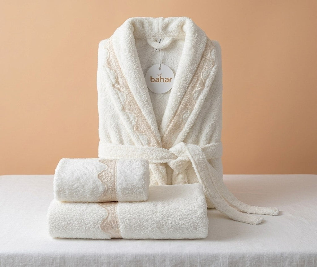 White Bahar Classic microfiber bathrobe set with two matching towels