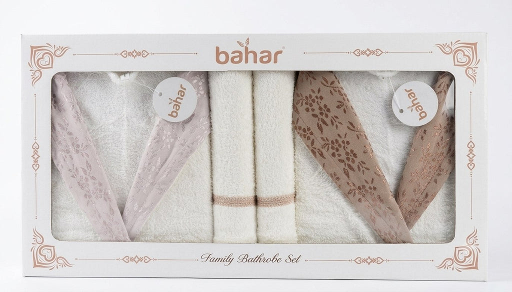 Boxed Bahar four-piece bathrobe set with beige patterned satin collars and two towels
