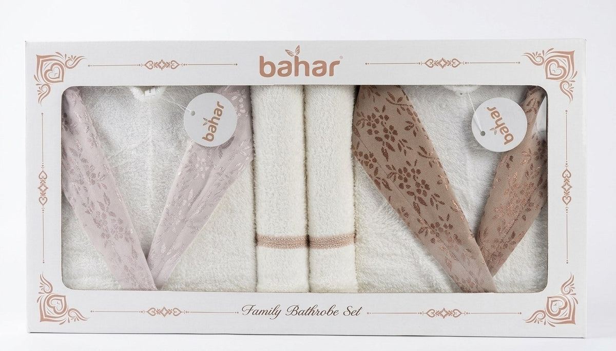 Boxed Bahar four-piece bathrobe set with beige patterned satin collars and two towels