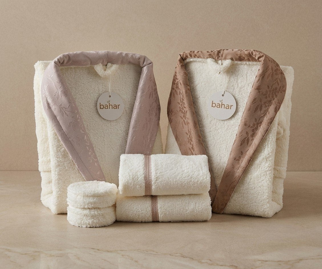 Bahar microfiber double bathrobe set with beige and mauve patterned satin collars and two matching towels