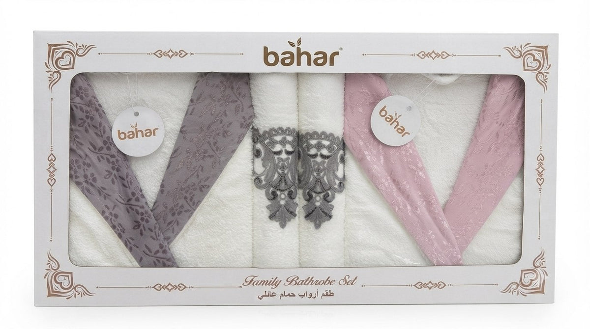 Boxed Bahar microfiber bathrobe set with gray and pink satin collars and matching towels