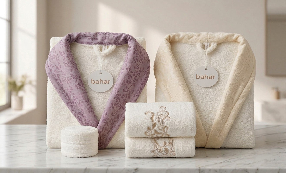 Bahar microfiber bathrobe set with purple and off-white satin collars and matching embroidered towels