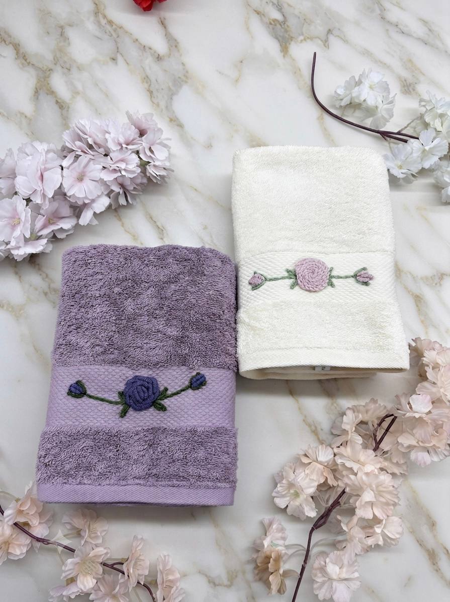 Mauve Purple - Off-White Dubai handmade embroidered cotton towel set