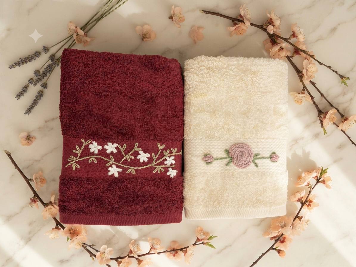 Burgundy and off-white Dubai handmade embroidered cotton towel set